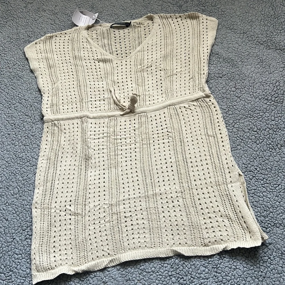 NWT MEROKEETY SHORT SLEEVE TIE WAIST CROCHET COVERUP